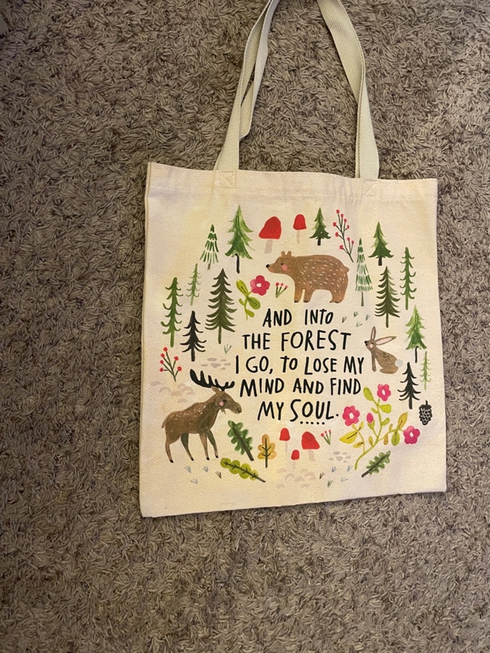 NATURAL LIFE Cream Canvas Tote Bag with Green, Brown, Pink & Red Forest Motif